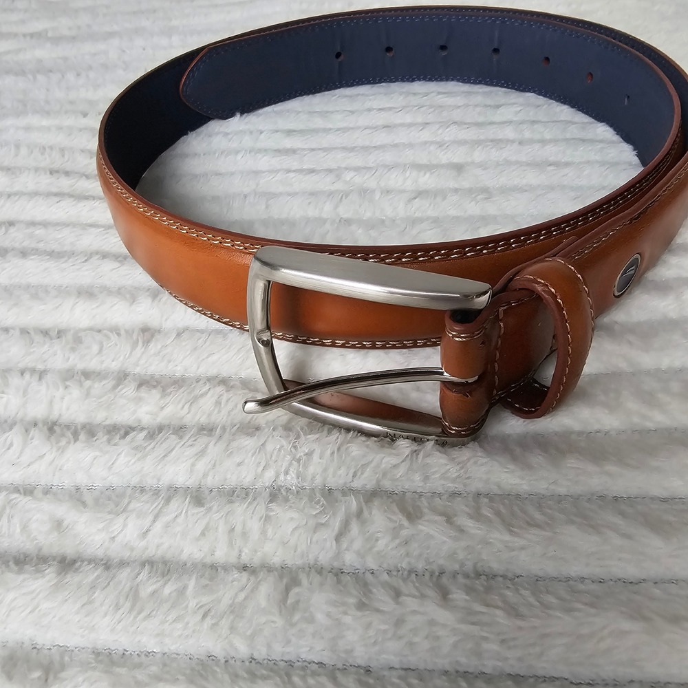Nautica Mens Coated Leather Stitch Detail Belt 34 Brown Classic Preppy